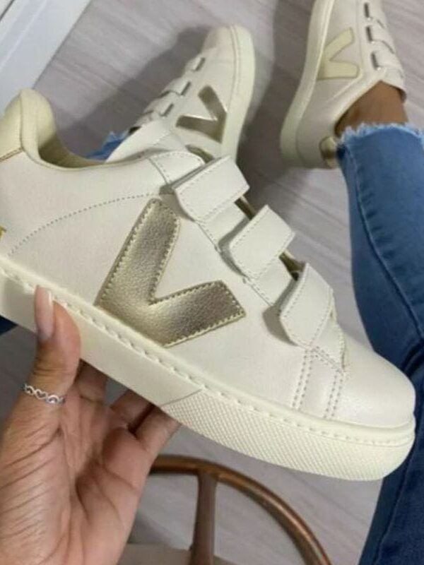 Tenis Ver Velcro Bege Dourado