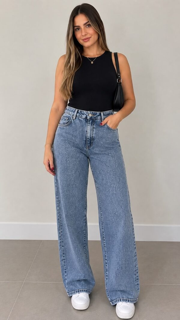 Calça Jeans Wide Leg Marmorizada com Brilho